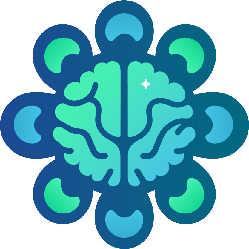 A simplified diagram of a brain seen from the front, surrounded by eight crescent shapes all pointing toward it. Each crescent shape alternates between blue and green, and the brain is colored a blue/green ombre. .